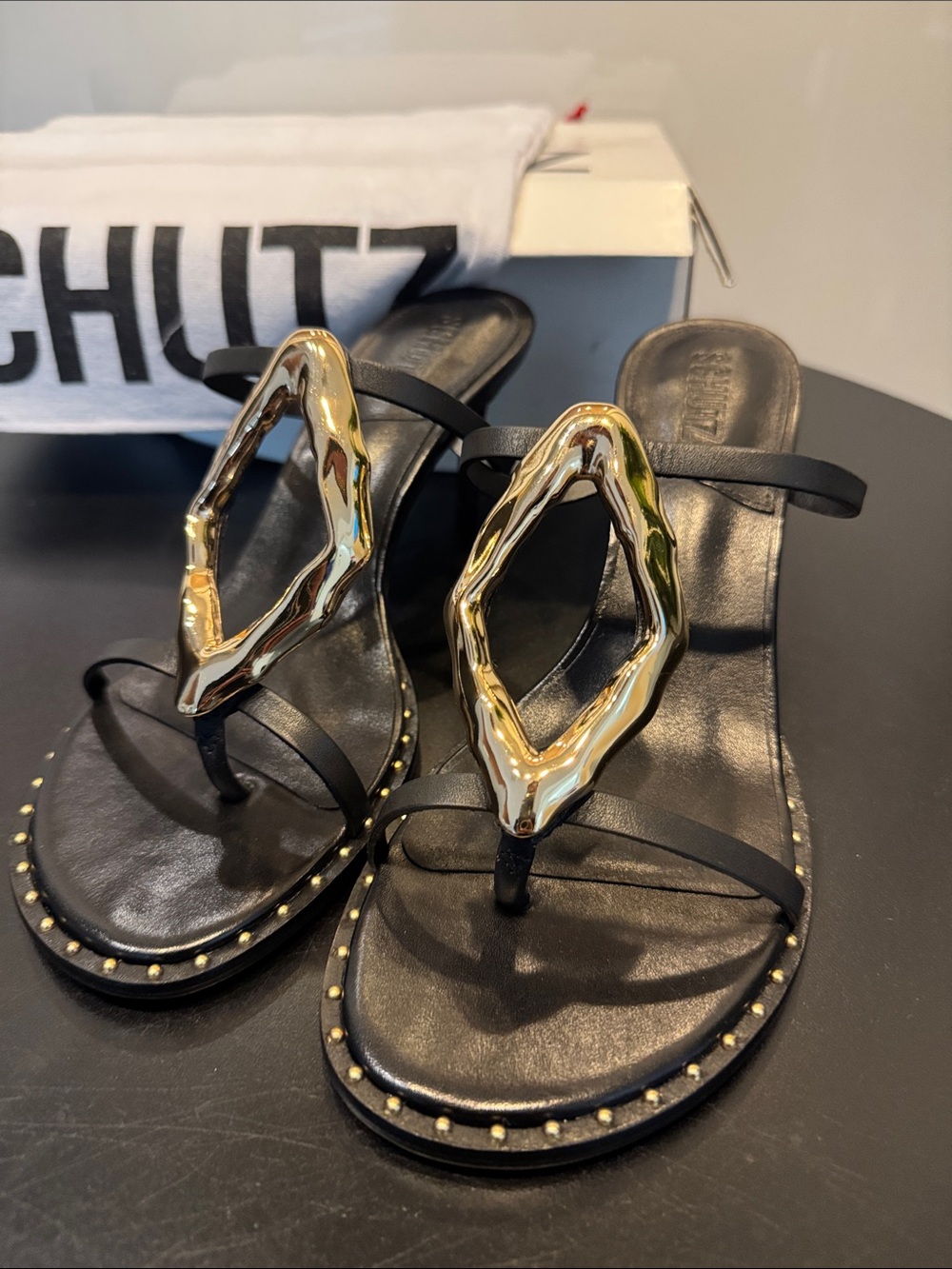 SCHUTZ Black Sandals with Gold Ornamental Accent size 8